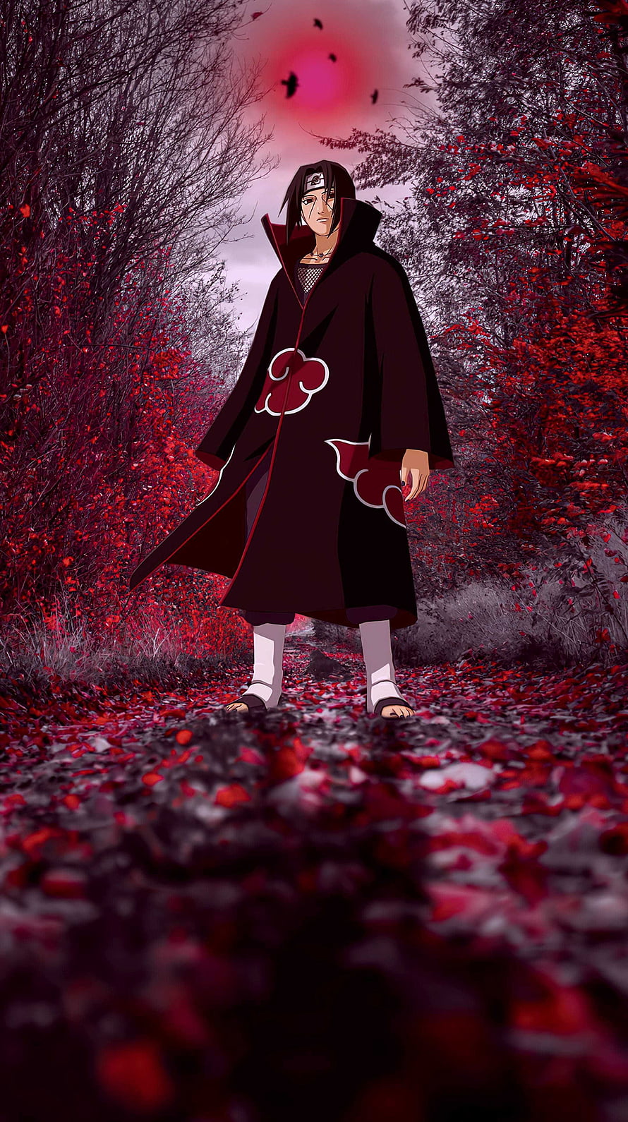 Itachi Uchiha standing in a forest path covered with red leaves under a crimson sky HD phone wallpaper