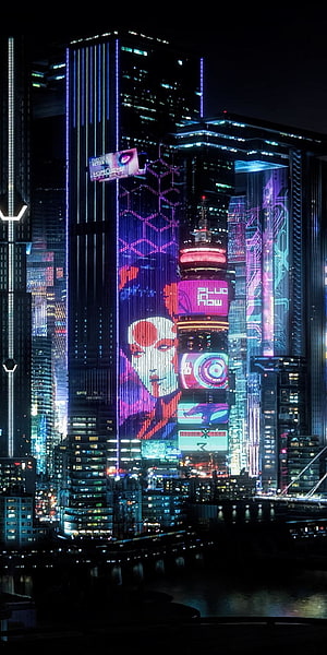 Cyberpunk Cityscape with Neon Skyscrapers and Digital Advertisements HD phone wallpaper