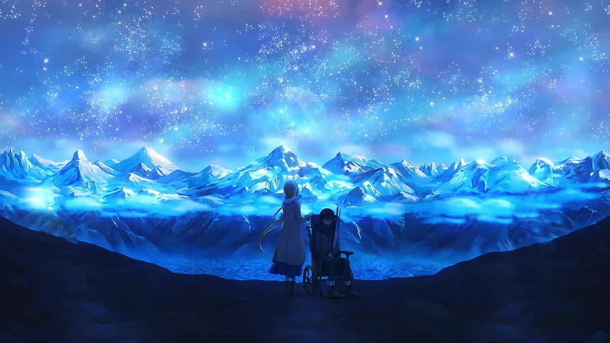 Sword Art Online Alicization anime scene with two characters gazing at a starry night sky over snow-capped mountains HD wallpaper
