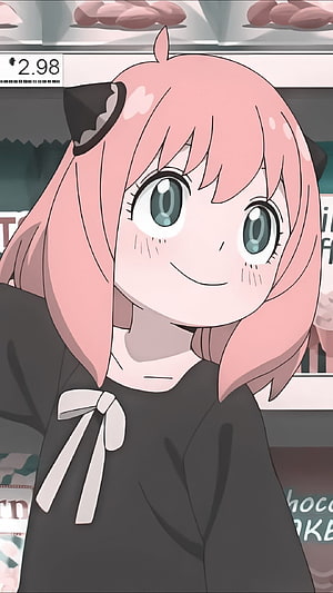 Anya Forger from Spy x Family in a black dress with a white bow in a store setting HD phone wallpaper