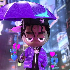Sleepy Hallow 2055 3D Character with Purple Umbrella and Neon Hearts in City HD phone wallpaper