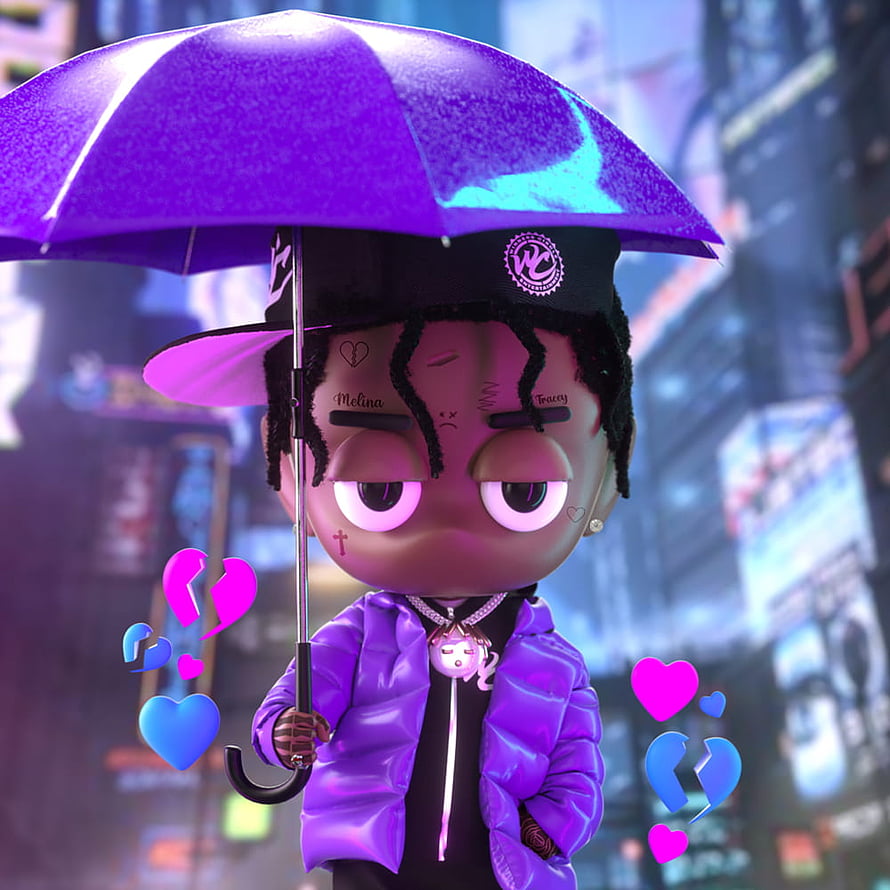 Sleepy Hallow 2055 3D Character with Purple Umbrella and Neon Hearts in City HD phone wallpaper