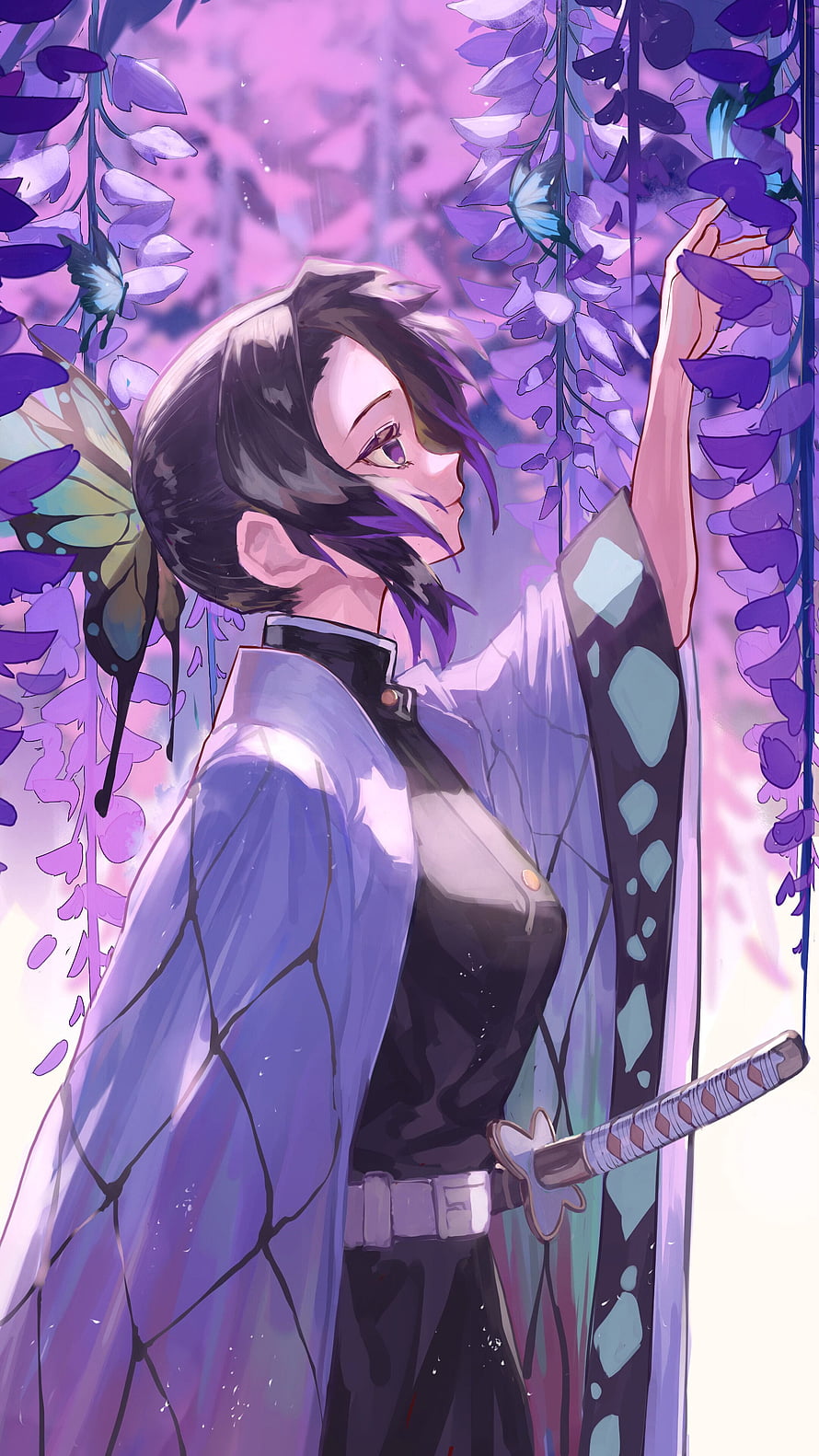 Shinobu Kocho from Demon Slayer Standing Among Purple Wisteria Flowers HD phone wallpaper