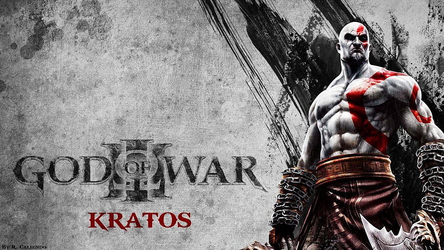 Kratos from God of War III standing with red tattoo and chains on a gritty textured background HD wallpaper