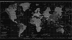 Black and White World Map Showing Standard Time Zones and Countries HD wallpaper