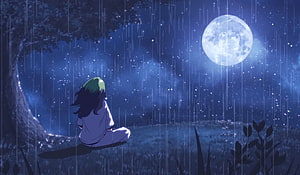 Anime Girl Sitting Under Tree in Rain Under Full Moon HD wallpaper