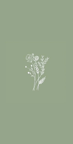 Minimalist White Botanical Line Art on Olive Green Background HD phone wallpaper