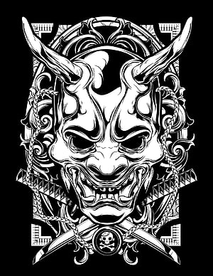 Japanese Oni Mask with Crossed Swords and Skull Emblem in Black and White Illustration HD phone wallpaper