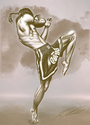 Muay Thai Fighter Executing High Kick in Sepia Toned Digital Illustration HD phone wallpaper