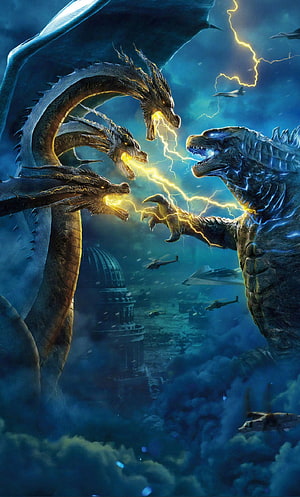 Godzilla and King Ghidorah Clash in Epic Monster Battle with Lightning and Destroyed City HD phone wallpaper