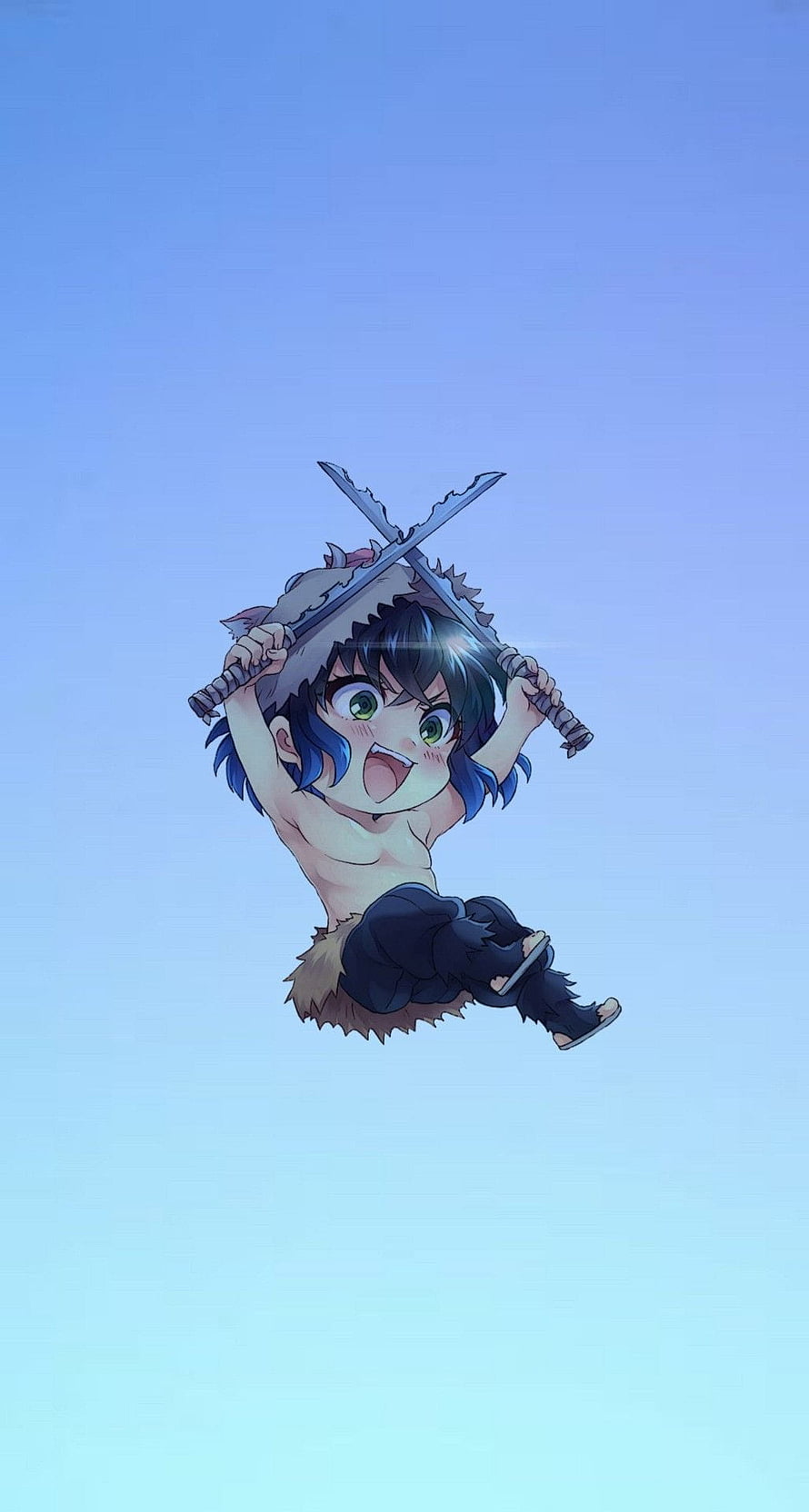 Chibi Tanjiro Kamado Jumping With Crossed Swords Against Blue Sky HD phone wallpaper