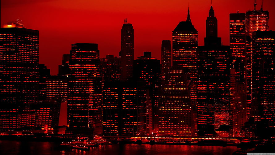 Dramatic Red Tinted Manhattan Skyline at Night with Glowing City Lights HD wallpaper