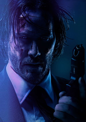 John Wick: Chapter 2 Cinematic Portrait of a Bearded Man Holding a Pistol in Blue Light, John Wick: Chapter 2 , Movie, HQ John Wick: Chapter 2, john wick movie mobile HD phone wallpaper