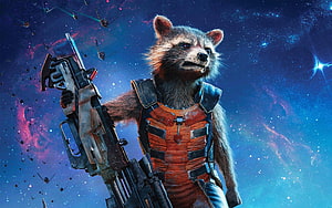 Rocket Raccoon from Guardians of the Galaxy holding a large blaster weapon against a colorful cosmic nebula background HD wallpaper