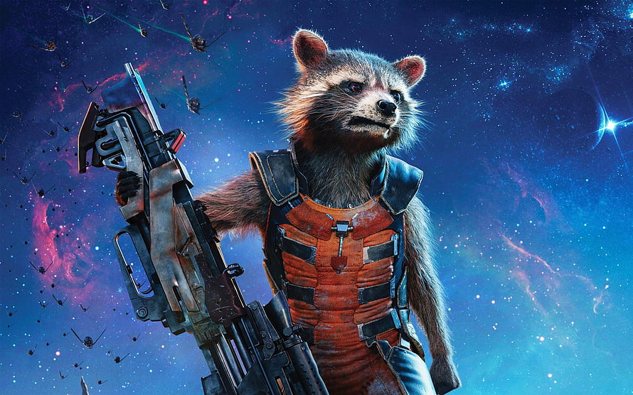 Rocket Raccoon from Guardians of the Galaxy holding a large blaster weapon against a colorful cosmic nebula background HD wallpaper
