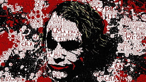 Joker Character Portrait With Red Splatter And Text Collage Art Style HD wallpaper
