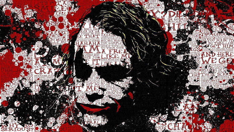 Joker Character Portrait With Red Splatter And Text Collage Art Style HD wallpaper