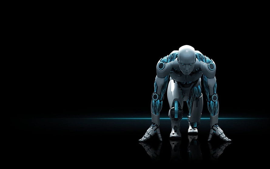 Futuristic cyborg athlete in starting blocks pose with glowing blue lights on black background HD wallpaper