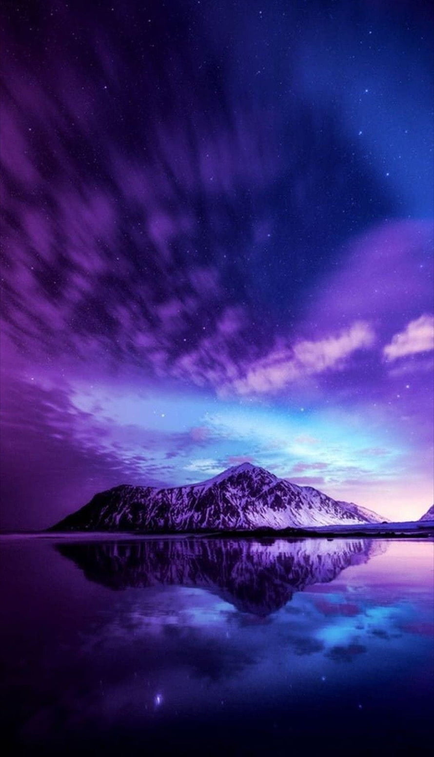Purple Starry Night Sky Over Snow-Capped Mountain Reflected in Calm Lake HD phone wallpaper