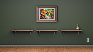 Modern Interior Wall With Wooden Shelves And Autumn Landscape Painting HD wallpaper