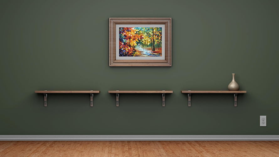 Modern Interior Wall With Wooden Shelves And Autumn Landscape Painting HD wallpaper
