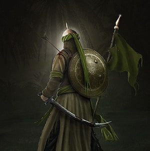 Medieval warrior in green robes holding a sword and shield with a flag in a dark forest HD phone wallpaper