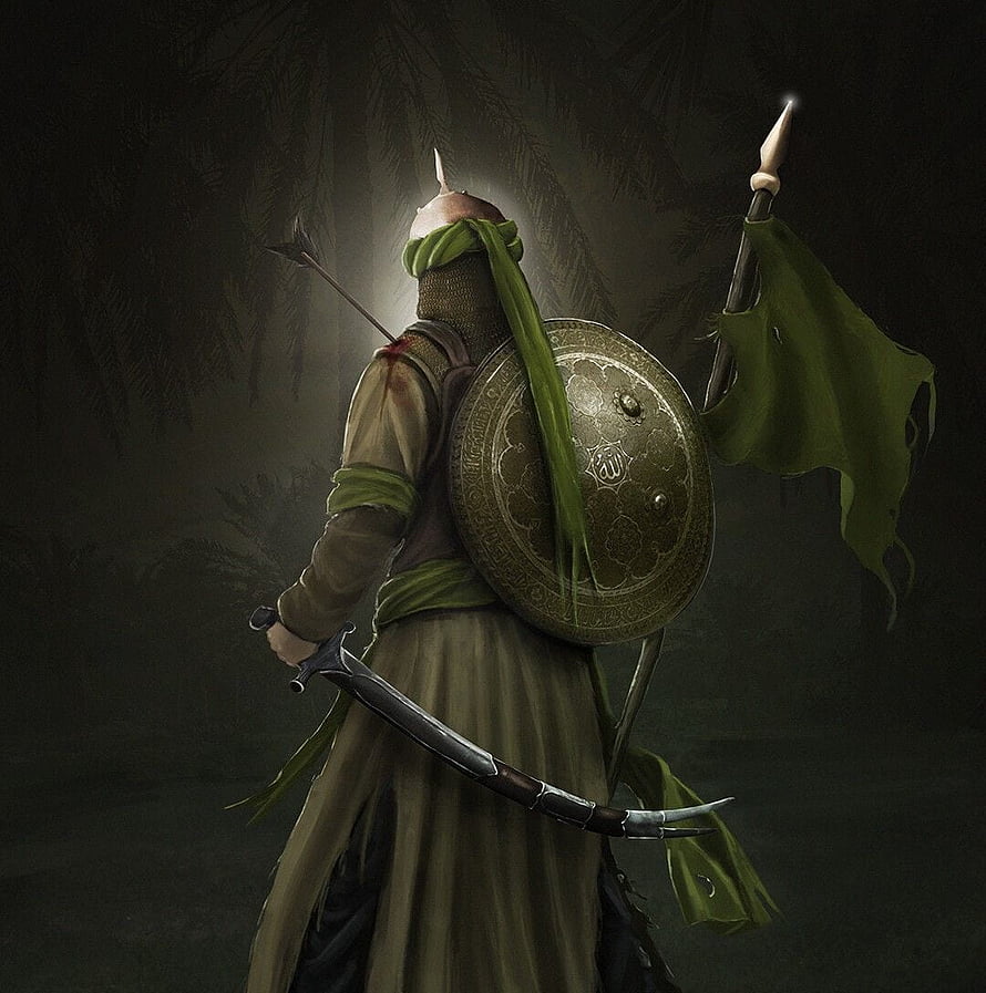 Medieval warrior in green robes holding a sword and shield with a flag in a dark forest HD phone wallpaper