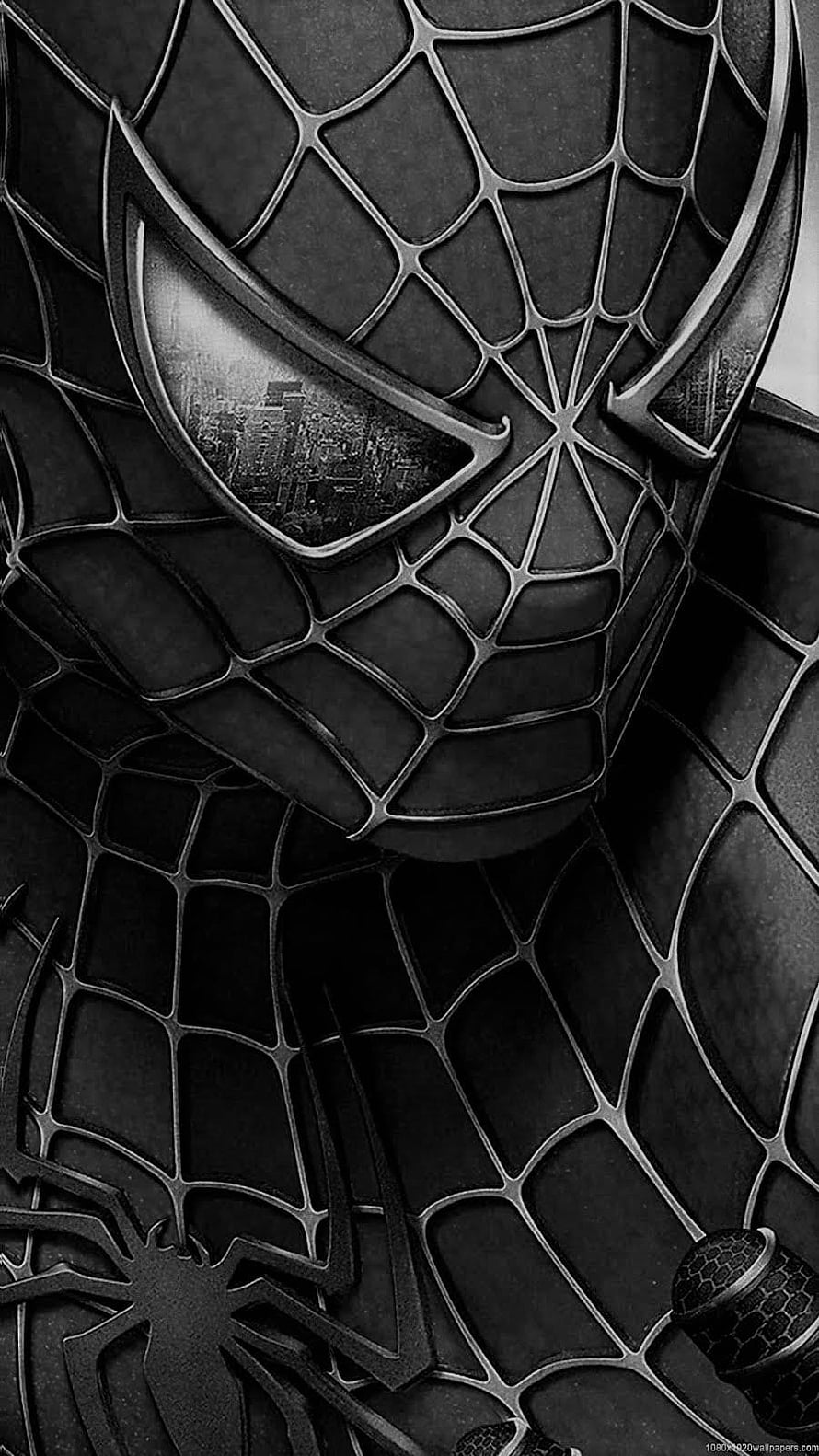 Black Spider-Man Symbiote Suit Close-Up with Web Pattern and City Reflection in Monochrome, 15 Spiderman Black, spiderman black and white HD phone wallpaper
