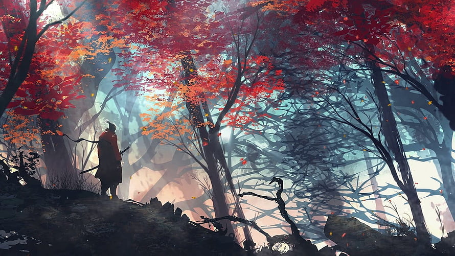 Samurai standing in a mystical autumn forest with vibrant red maple leaves and soft sunlight HD wallpaper
