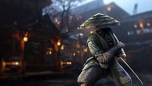Samurai Warrior in Green Armor with Straw Hat and Katana in Traditional Japanese Village HD wallpaper