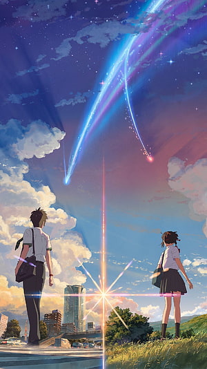 Anime Couple Watching Split Sky With Comet And Cityscape HD phone wallpaper