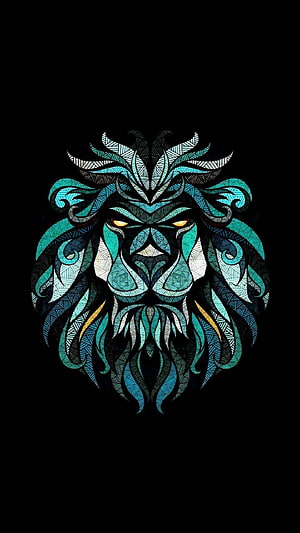 Geometric Lion Head Artwork in Teal and Black with Tribal Patterns HD phone wallpaper