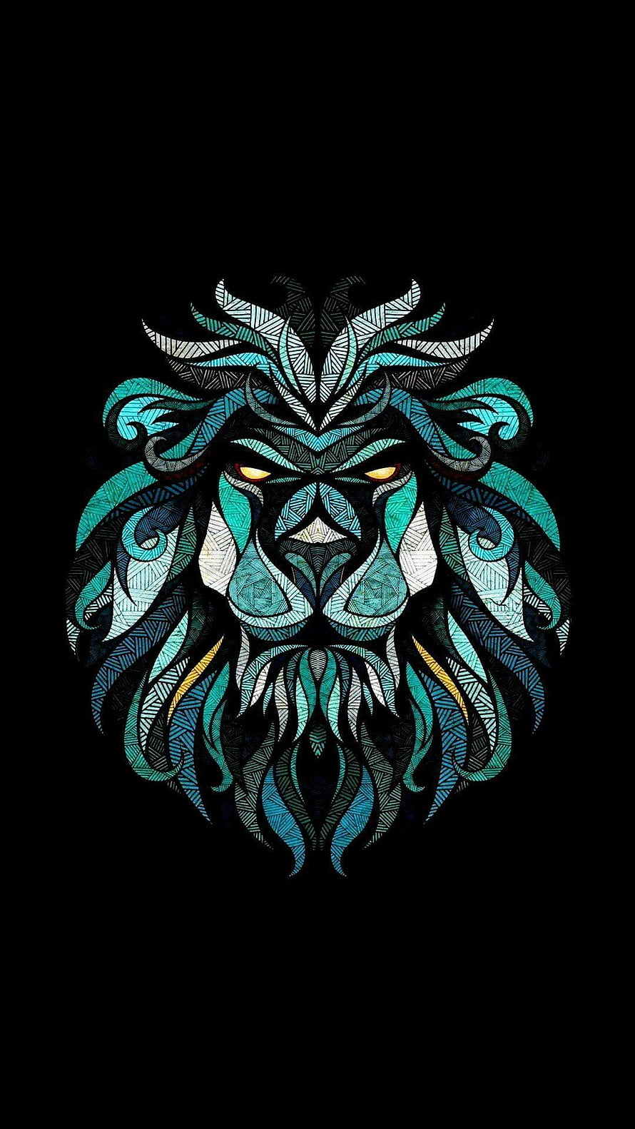 Geometric Lion Head Artwork in Teal and Black with Tribal Patterns HD phone wallpaper