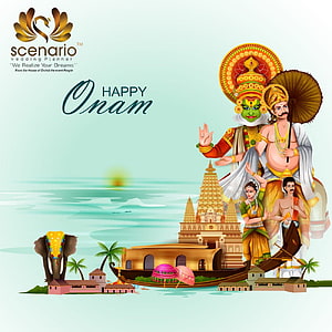 Happy Onam Greeting Card Featuring Maveli, Kerala Temple, and Traditional Boat Illustration HD phone wallpaper