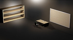 Minimalist Office Interior With Wooden Bookshelf Desk And Bulletin Board HD wallpaper