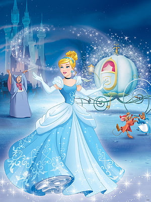 Cinderella in Blue Ball Gown with Fairy Godmother and Pumpkin Carriage HD phone wallpaper