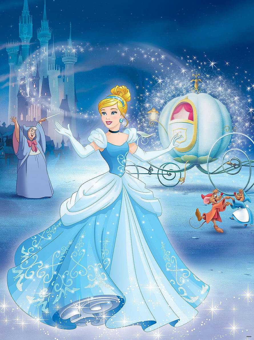 Cinderella in Blue Ball Gown with Fairy Godmother and Pumpkin Carriage HD phone wallpaper