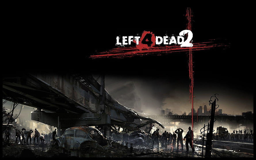 Left 4 Dead 2 Post-Apocalyptic Cityscape with Horde and Collapsed Infrastructure HD wallpaper
