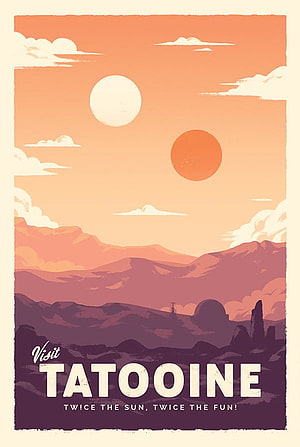 Star Wars Tatooine Retro Travel Poster with Twin Suns and Desert Landscape HD phone wallpaper