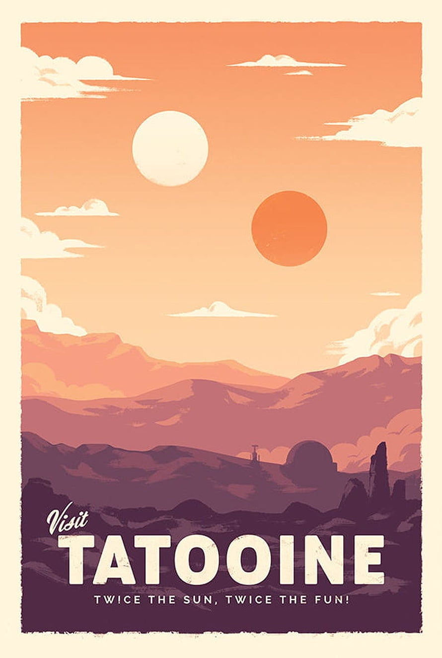 Star Wars Tatooine Retro Travel Poster with Twin Suns and Desert Landscape HD phone wallpaper
