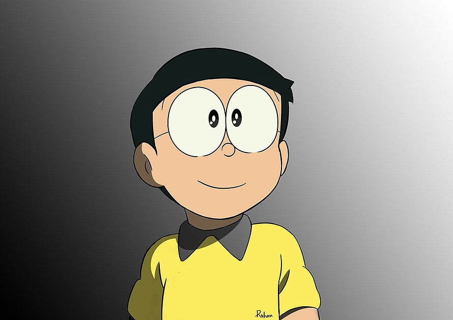Nobita Nobi from Doraemon anime character portrait wearing yellow shirt and glasses HD wallpaper