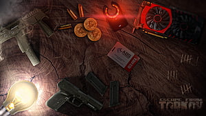 Escape from Tarkov Red Zone Loot Spread With Firearms, Bitcoin, and GPU on Cracked Concrete HD wallpaper