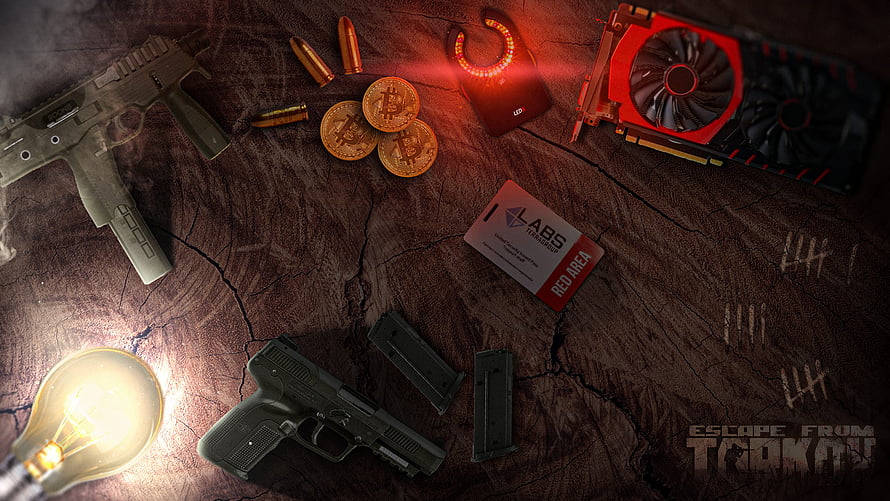 Escape from Tarkov Red Zone Loot Spread With Firearms, Bitcoin, and GPU on Cracked Concrete HD wallpaper