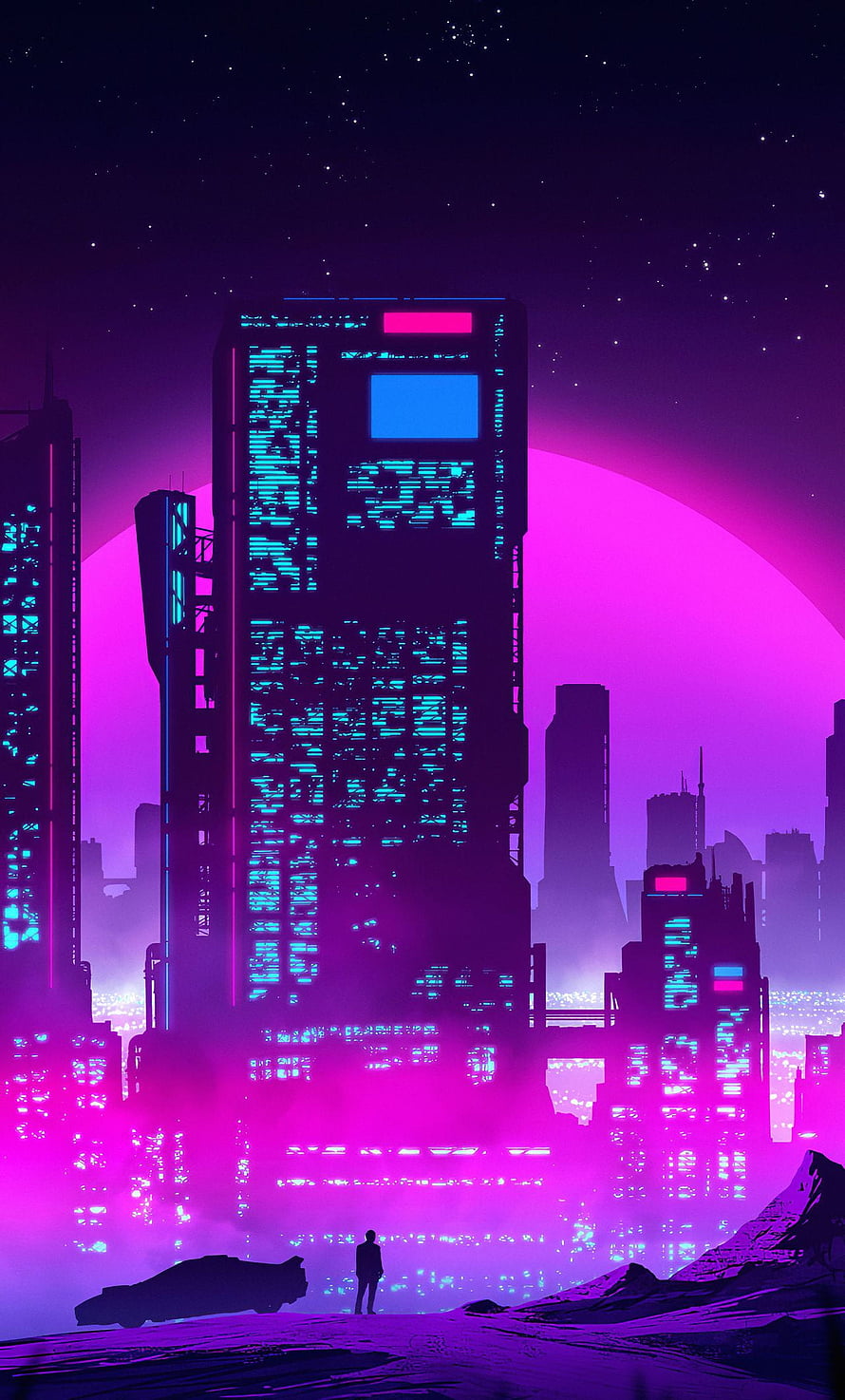 Synthwave Cyberpunk Cityscape with Neon Purple Skyline and Giant Planet HD phone wallpaper