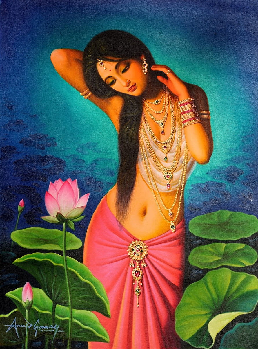 Indian Woman in Pink Saree with Gold Jewelry and Lotus Flowers, 50 Most Beautiful Indian Women Paintings of All Times, indian women oil painting HD phone wallpaper