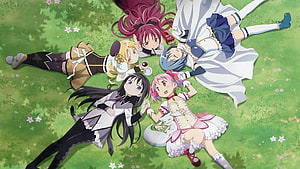 Puella Magi Madoka Magica Anime Girls Lying on Grass with Tea Set and Rabbit HD wallpaper