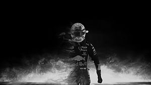 Max Verstappen in Red Bull Racing Suit Walking Through Dramatic Smoke HD wallpaper
