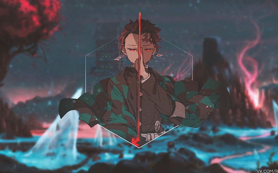 Tanjiro Kamado Demon Slayer Anime Character with Nichirin Sword in Dark Fantasy Landscape HD wallpaper