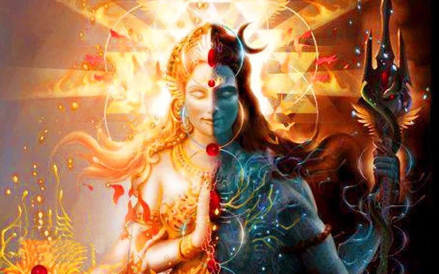 Shiva and Parvati Duality Artwork with Trishul and Cosmic Energy HD wallpaper
