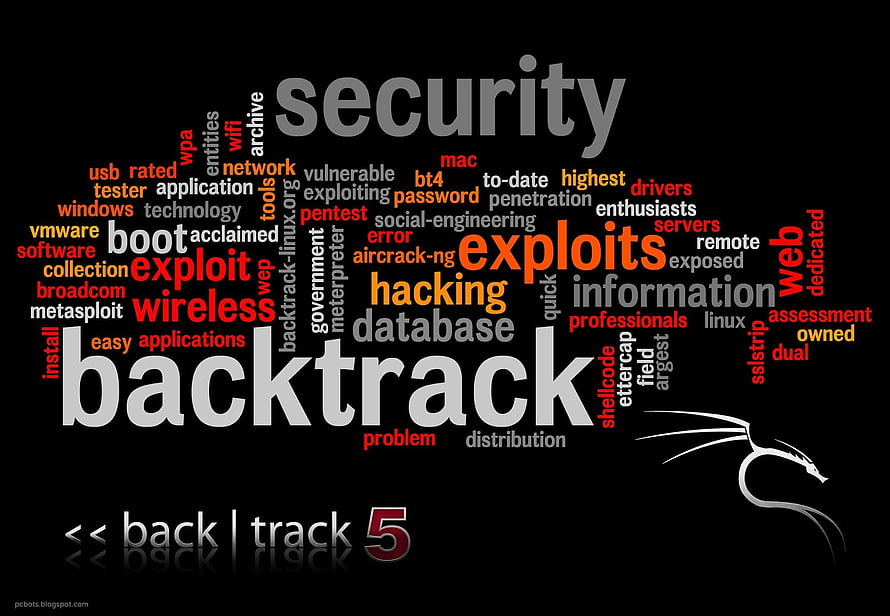 Backtrack 5 Word Cloud Featuring Hacking and Security Terminology on Black Background HD wallpaper